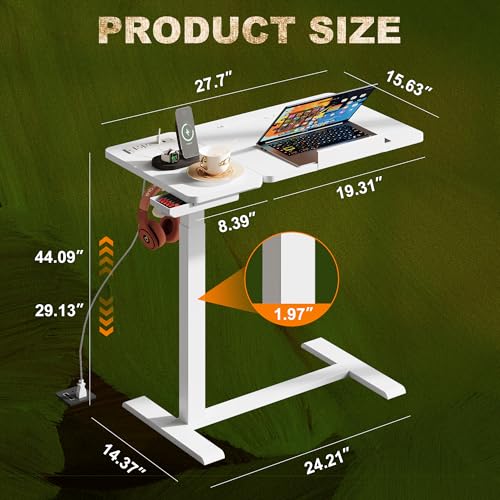 EKNKOZY Standing Desk, Medical Overbed Table with Rolling Tray and Power Outlet, Dual Pneumatic Angle and Height Adjustable Desk, Portable Side Table with Drawer, Home & Hospital Use, White EKNKOZY