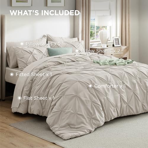 Bedsure Queen Comforter Set Linen - Bed in a Bag Queen Size Bedding 7 Pieces, GentleSoft™ Pintuck Bed Set Gift for Family, Pinch Pleat All Season Comforter with Sheets, Pillowcases & Shams Bedsure