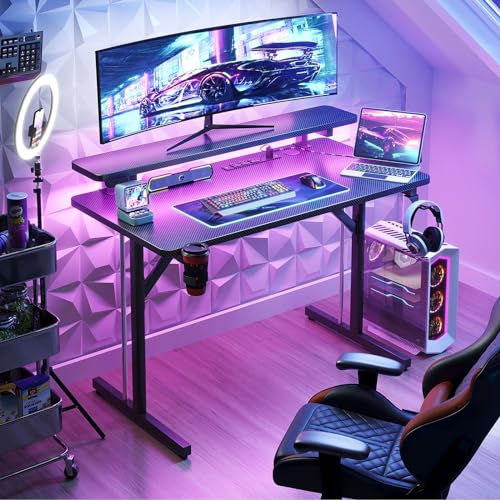 MOTPK Small Gaming Desk with LED Lights & Power Outlets, 31 Inch Computer Desk Gaming Table with Monitor Shelf, Gamer Desk with Carbon Fiber Texture, Kids Boys Desk Gift for Men MOTPK
