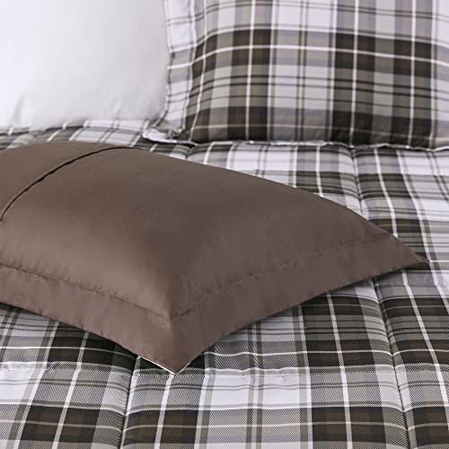 Madison Park Essentials Parkston Plaid Comforter, Matching Sham, 3M Scotchguard Stain Release Cover, Hypoallergenic All Season Bedding-Set, Full/Queen, Brown, 3 Piece Madison Park