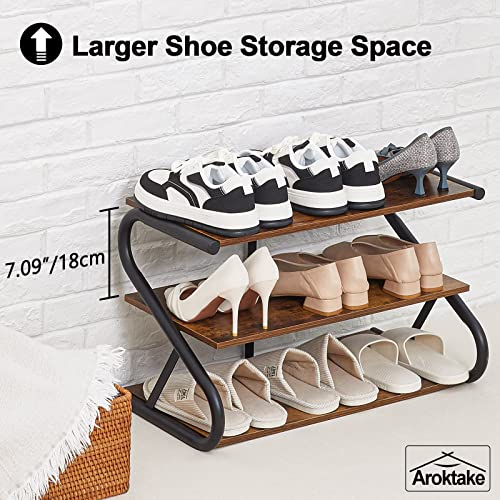 Aroktake 3-Tier Shoe Rack, Wooden Shoe Storage with S Shape Heavy Duty Metal Free Standing, Shoe Organizer Shelf for Entryway, Living Room, Closet, Bedroom (Rustic) Aroktake