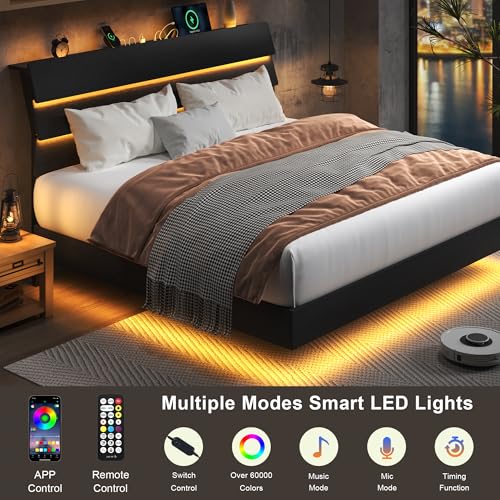 Feonase Floating Bed Frame King with Led Lights and Charging Station, Wood Full Size Bed Frame with Storage Headboard, Heavy Duty Metal Slats, No Box Spring Needed, Easy Assembly,Black Feonase