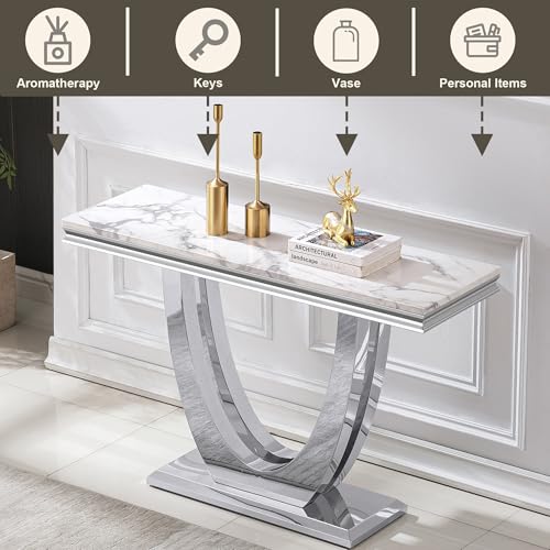 47" Modern Marble Console Table, Narrow Entryway Table White Faux Marble Top & Silver Double U-Shaped Stainless Steel Base - Sofa Table for Entryway, Hallway, Foyer, Living Room AMHDDT