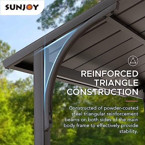 Sunjoy Grill Gazebo 5 ft. x 8 ft. Brown Steel Frame Double Tiered Hardtop Gazebo with Ceiling Hook and Bar Shelves Sunjoy