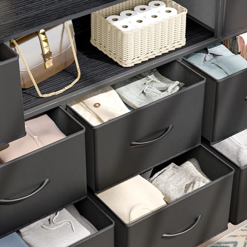 Fixwal Dresser for Bedroom with Power Outlets and LED Lights, Black 55" TV Stand with 8 Drawers, Fabric Chest of Drawers with PU Finish for Living Room, Entryway Fixwal