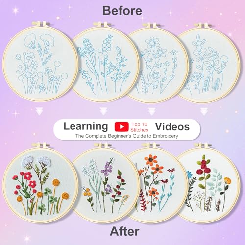 Huacan Embroidery Kit for Adults Beginner - Embroidery Kits for Adults Beginner 4 Pcs Stamped Floral Pattern, Hand Art Craft, DIY Sewing Kit with Box 7.9 x 7.9 Inch