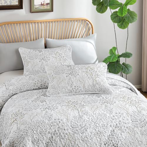 WONGS BEDDING Floral Quilt Set Queen Size, 3 Pieces Botancial Bedspread Coverlet Set, Bamboo Leaves Pattern Soft Lightweight Farmhouse Flower Bedding Set for All Season (96"x90") WONGS BEDDING