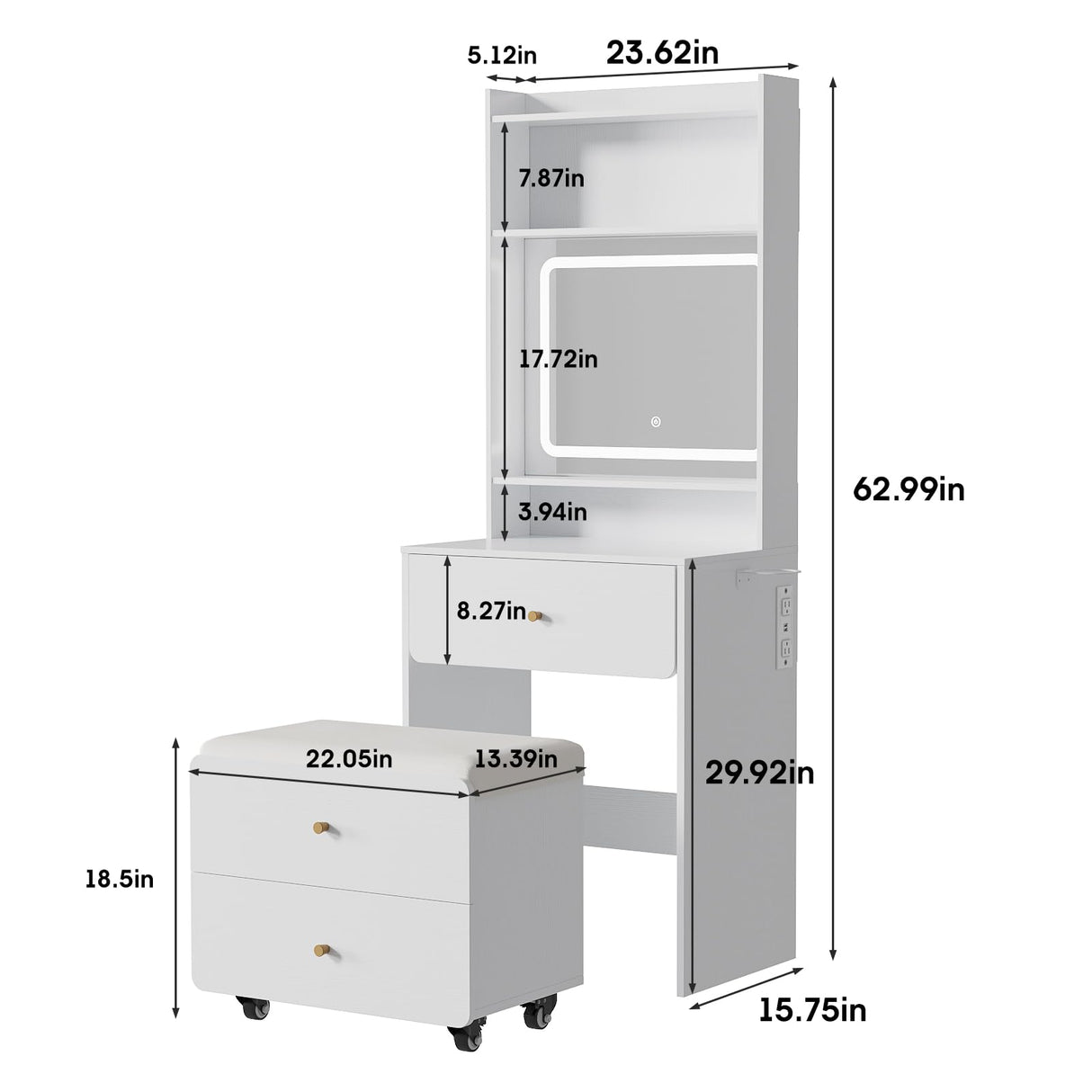 Vabches Make Up Vanity Desk with Mirror and Lights, White Vanity Table Set with Charger Station,Girls Small Vanity and Storage Chair Vabches