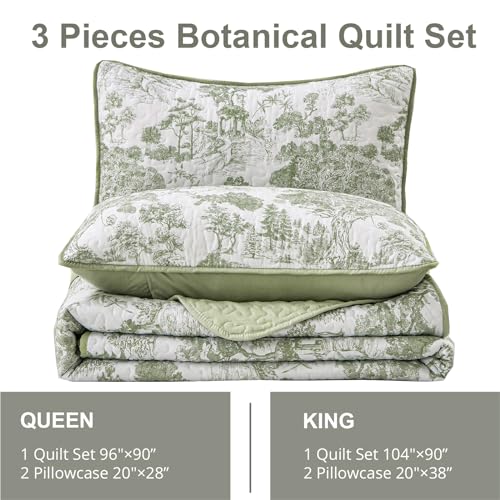 WONGS BEDDING Botanical Quilt Set King, Sage Green 3 Pieces Toile Floral Plants Printed Bedspread Bedding Set Soft Lightweight Microfiber Coverlet Set for All Season (104"x90") WONGS BEDDING