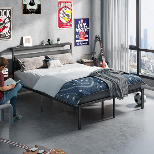 Ourpic Queen Bed Frame with Led Lights and Charging Station, Bed Queen Size Frame with Headboard and Under Bed Storage, Black Metal Platform Bedframe and Storage Shelf, Easy Install OURPIC