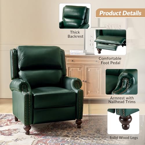 HULALA HOME Genuine Leather Wingback Recliner Chair with Thick Cushioned Seat, Traditional Push Back Leather Recliner with Nailhead Trim, Green