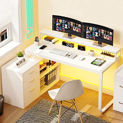 YITAHOME L Shaped Desk with Drawers, 55" Corner Computer Desk with Power Outlets, L-Shaped Desk with LED Lights & File Cabinet for Home Office, White