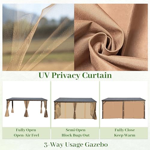 DOMI 12x16FT Lean to Gazebo, Outdoor Hardtop Wall Mounted Gazebo with Sloping Galvanized Steel Roof, Durable Aluminum Frame, Netting Curtain for Deck, Porch, Backyard domi outdoor living