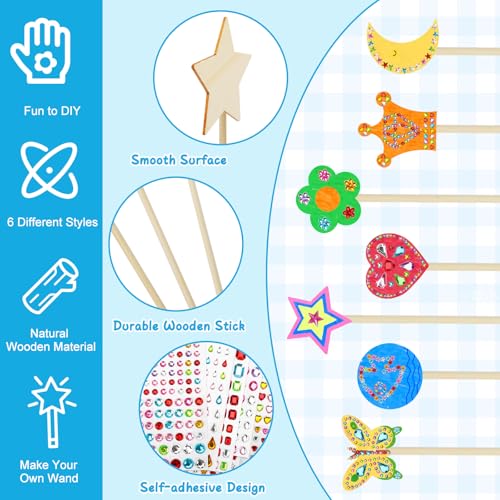 SAYAYA 77 PCS DIY Fairy Wand Craft Kit for Kids, 7 Styles Unfinished Wooden Princess Wands, 8 Gem Stickers, 12 Color Ribbons & Pen, Magical Party Supplies for Birthday Celebrations, Craft Activities SAYAYA