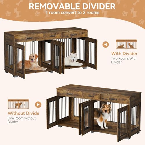 Dog Crate Furniture for 2 Dogs, 71'' XXL Indoor Dog Kennel with 3 Drawers and Removable Room Divider, Wooden Double Dog CrateTV Stand End Table with Double Doors for Large Medium Dogs, Brown GAOMON