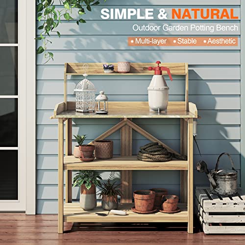 S AFSTAR Garden Potting Bench, Gardening Work Station Table with 2 Storage Shelves, Fir Wood Structure and Metal Tabletop, Gardening Table Potting Benches for Outside Backyard Balcony S AFSTAR