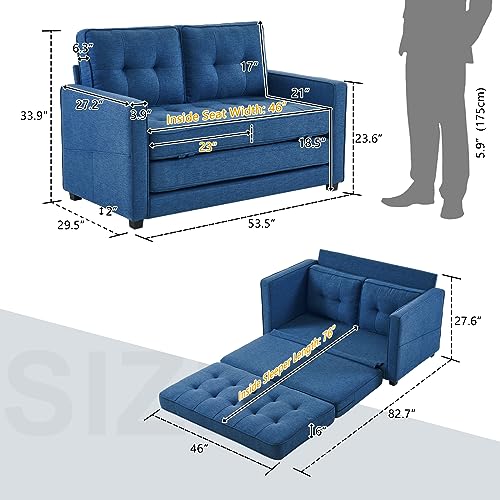VINGLI Upgraded Loveseat Sleeper, 53.5" W 80" L Convertible Sofa Bed Couch Futon Couches for Living Room, Folding Couch Bed for Small Spaces, Foldable Floor Gaming Sofa Bed for Basement, Navy Blue VINGLI