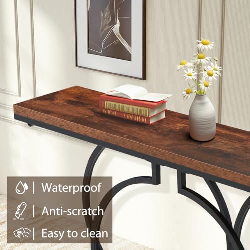 UPHYB 55'' Narrow Console Table, Industrial Entryway Table with Storage Shelves, O-Shaped Circle Metal Frame, Wood Accent Tables for Living Room, Hallway, Foyer, Entrance, Rustic Brown UPHYB