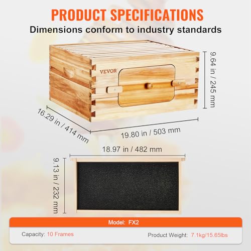 VEVOR Bee Hive Deep Box Starter Kit, 100% Beeswax Coated Natural Cedar Wood, Langstroth Beehive Kit with 10 Frames and Foundations, Transparent Acrylic Bee Windows for Beginners and Pro Beekeepers VEVOR