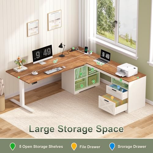 YOMILUVE Farmhouse L Shaped Standing Desk, 66 inch Corner Electric Standing Desk with Drawers & Storage Shelves, Height Adjustable Computer Desk with Power Outlets for Home Office, Antique White YOMILUVE