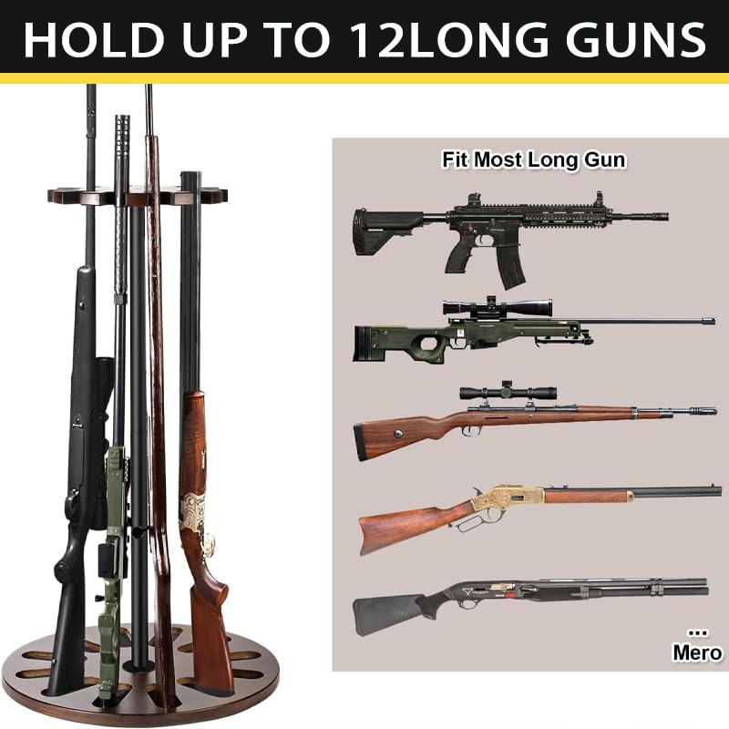 Yoimori Indoor Gun Racks, Rotating Gun Rifle Rack Stand, Heavy Solid Wood Gun Storage-Holds up to 12 Guns Display Brown Yoimori