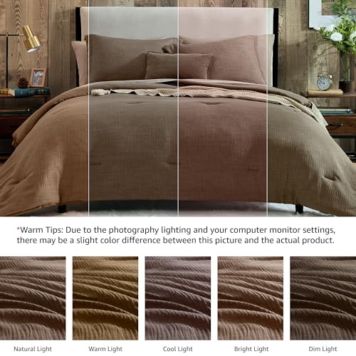 Geniospin Brown Queen Comforter Set - 7 Pieces Comforter Queen Size, Solid Bedding Set for All Season, Textured Bed in a Bag with Sheets Geniospin