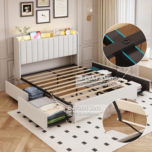 Full Bed Frame with 4 Drawers and Storage Headboard, Upholstered Platform Bed Frame Full Size with Led Lights and Handy Charging Station, No Box Spring Needed, Easy Assembly, Noise Free, Beige TIGUBFRE