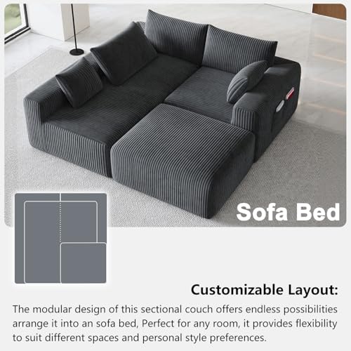 Domiqut 108”Modern Modular L-Shape Couch with Chaise, Modular Sectional Couches for Living Room, Deep Seat Boneless Sofa Bed, No Assembly Required Sleeper Sofa, Plush Corduroy Fabric, Dark Gray Domiqut