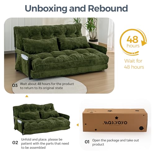 MAXYOYO Adjustable Floor Sofa Couch with 2 Pillows, Multi-Functional Bean Bag Bed, 5-Position Foldable Lazy Sofa Sleeper Bed with Armrest, Versatile Floor Seating for Reading, Dark Green, Double MAXYOYO