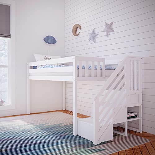 Max & Lily Low Loft Bed, Twin Bed Frame For Kids With Stairs, White Max & Lily