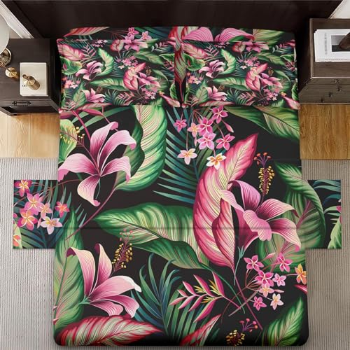 WeCozy 4 Pieces King Size Bed Sheet Sets with Pillowcases, Tropical Leaves Flower Hibiscus Soft Microfiber Bedding for Kids and Adults, Flat, Fitted Sheet for Bedroom Bed Decor WeCozy
