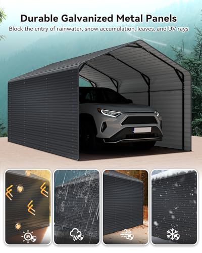 Heavy Duty Metal Carport, 10x15FT Outdoor Carport Canopy with Galvanized Steel Roof and Reinforced Base,Metal Side Panels,Sidewalls,Garage Shelter Shade for Cars,Trucks, Boats, Gray Real Relax