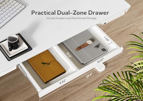 Claiks Glass Standing Desk with Drawers, 48×24 Inch Adjustable Stand Up Desk, Quick Install Home Office Computer Desk with USB Ports, White Claiks