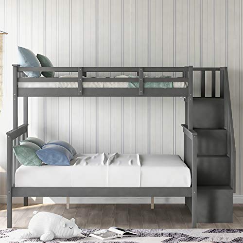 Stairway Bunk Beds Twin Over Full with 4-Step Stairs and Under-Step Storage Shelves, Gray Merax