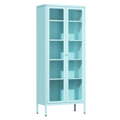 Crownland Metal Storage Cabinet with Glass Doors, Display Curio Glass Cabinet with 4 Adjustable Shelves, Tall Modern Office Storage Cabinets for Home Office, Living Room, Pantry(Light Blue)