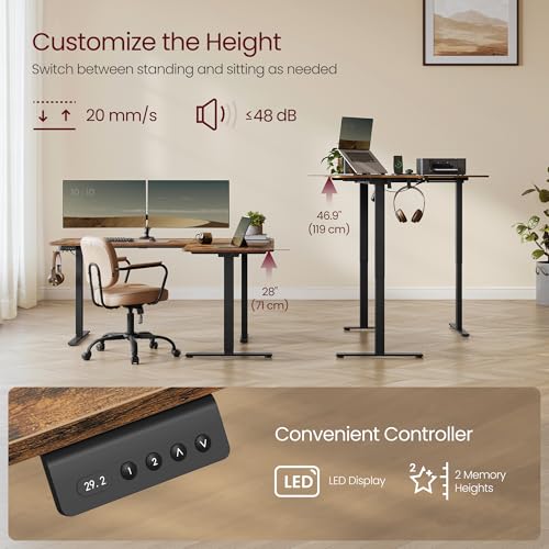 VASAGLE L Shaped Electric Standing Desk, 63 x 47.2 Inches, Height Adjustable Corner Desk with Power Outlets, 2 Memory Buttons, Easy to Assemble, for Home Office, Rustic Brown ULSD242K01 VASAGLE