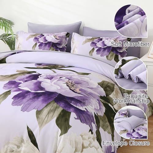 Dobuyly Purple Comforter Set Full Size 7 Piece Bed in a Bag Full, Purple Floral Printed on Light Purple Comforter Set with Sheets, Soft Microfiber Botanical Complete Bedding Set for All Season Dobuyly