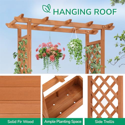 Outvita Raised Garden Bed with Trellis, Wood Planter Box with Hanging Roof, Side Trellis and Drainage Holes, Above Ground Elevated Garden Bed for Outdoor Climbing Plants Vegetables Flowers Herbs Outvita
