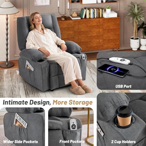 Rocker Recliner Chair with Massage and Heat, Nursery Rocking Chairs for Living Room, Ergonomic Comfy Relining Chair with Cup Holders, USB Charge Port, Side Pockets, Manual Recliner Chairs, Grey