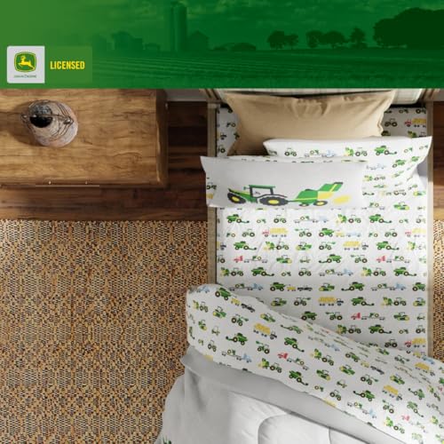 Franco Kids John Deere Farm Equipment Bedding 4 Piece Super Soft Reversible Comforter and Sheet Set, Twin, (Officially Licensed Product) Franco