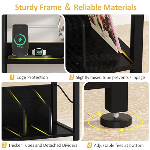 Hosfais 3 Tier Record Player Stand, Retro Vinyl Record Storage End Table Records for Living Room Bedroom (Black) Hosfais