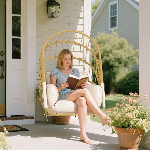 YITAHOME Hanging Egg Chair Without Stand, Rattan Wicker Swing Egg Chair with Light String & Resistant Cushion, 350lbs Capacity, Foldable Hanging Basket Chair for Porch, Garden, Balcony - Beige YITAHOME