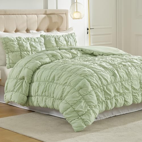 Amélie Home Sage Green Bubble Comforter Set King Size, 3 Pieces Ultra Soft Cozy Bedding Set for All Seasons, Farmhouse Luxury Gift for Women Home Decor Amélie Home