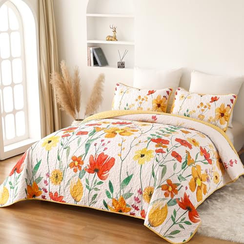 Anibedding Quilt Set Full Size, Yellow Floral Reversible Bedspread Soft Microfiber Lightweight Full Quilt Bedding Sets Reversible Coverlet for All Season(78"x90") Anibedding