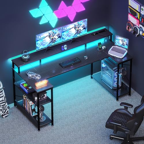 ODK 55 Inch Gaming Desk with LED Lights and Power Outlet, U-Shaped Computer Desk with Monitor Stand and Storage Shelves, PC Gamer Table for Home Office, Carbon Fiber Black ODK