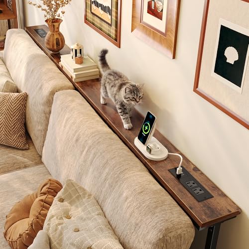 Huuger 78.7 Inch Behind Couch Table with Power Outlets, 23.9’’-34.4’’ Height Adjustable Range, Sofa Tables Narrow Long with USB-C Ports, Skinny Console Table, for Small Spaces, Rustic Brown Huuger