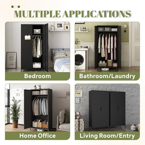 Steehoom Armoire Wardrobe Closet, Metal Storage Clothes Cabinets Locker with Doors Tall Freestanding Armoire Wardrobes for Bedroom Hanging Clothes, Heavy Duty, Black Steehoom
