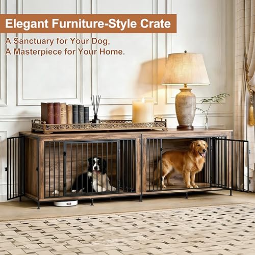 XL Dog Crate Furniture 48'' | Extra Large Heavy Duty Anti-Chew Dog Kennel | Rustic Wooden Entertainment Center & TV Stand with 350LB Top Capacity | Escape Proof Double Door Pet House FurnPulse