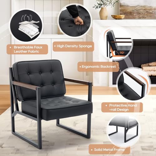 COLAMY Mid Century Modern Accent Chair Set of 2, Comfy Living Room Chair, Black Leather Accent Chair, Faux Leather Reception Armchair with Metal Legs for Living Room Bedroom Reception Office, Black COLAMY