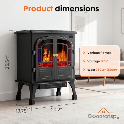 Sweetcrispy Freestanding Electric Fireplace Heater, 26”Two Door Fireplace with 3D Flame Effect, Overheating Safe Design, Energy Saving Space Heater with 12H Timer&Remote for Living Room, Bedroom,Black Sweetcrispy